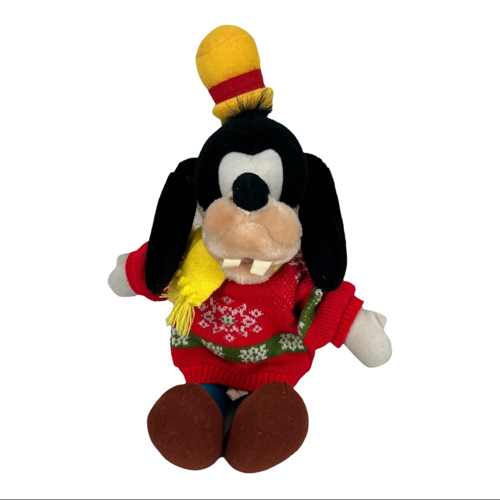 GOOFY Walt Disney Plush Toy 16” Vintage Sweater Scarf Hay Christmas Rare